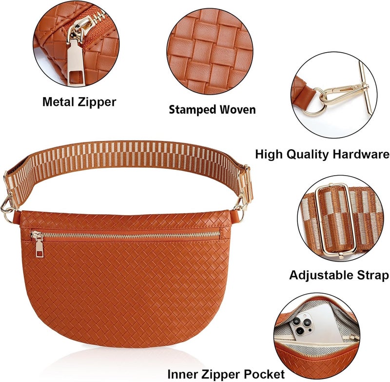 Dealkion Woven Crossbody Bags for Women Leather Belt Bum Sling Purse Fanny Waist Pack Chest Shoulder Bag for Women-Brown - Image 3